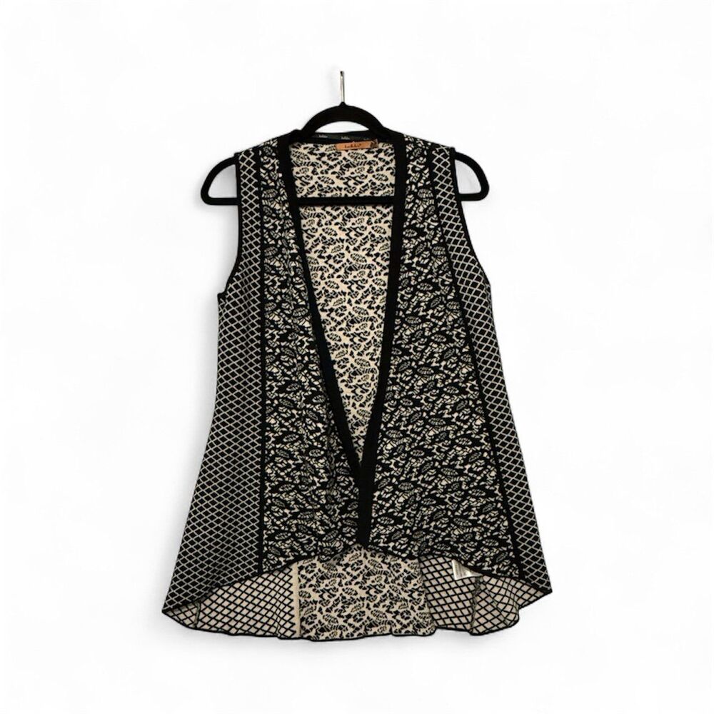 Belldini Sleeveless Open Front‎ Cardigan Vest Black Cream Women's Size Medium